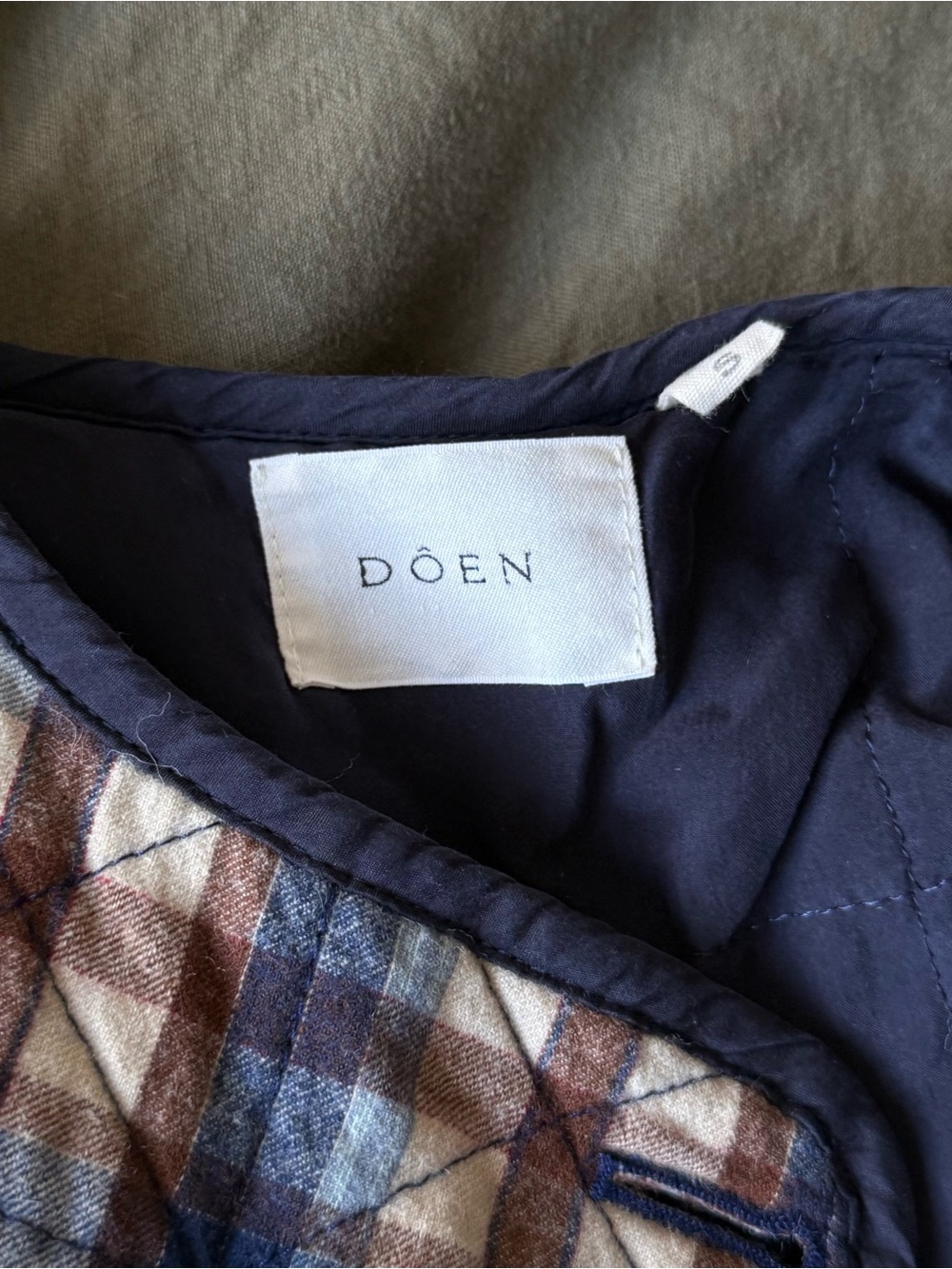 DOEN Sur Longline Jacket • Quilted Belleville Plaid in Navy, Brown & Cream - Picture 7 of 7